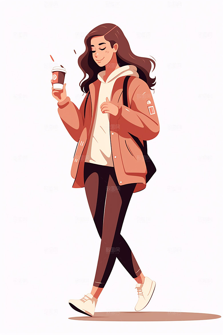 扁平风手握奶茶女生人物插画矢量素材
