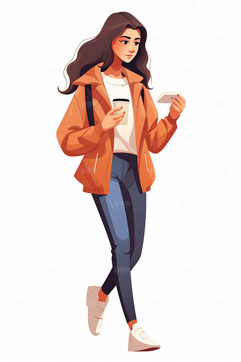 扁平风手握奶茶女生人物插画矢量素材