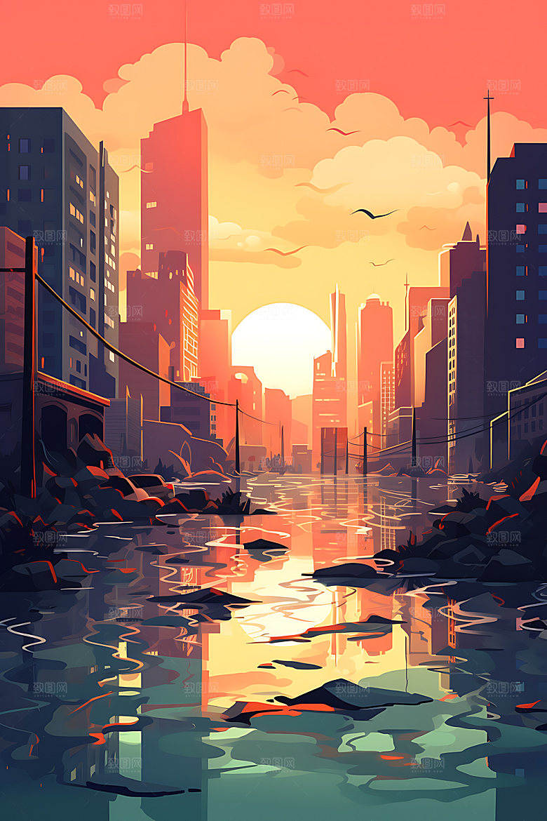 洪水山洪城市淹没插画