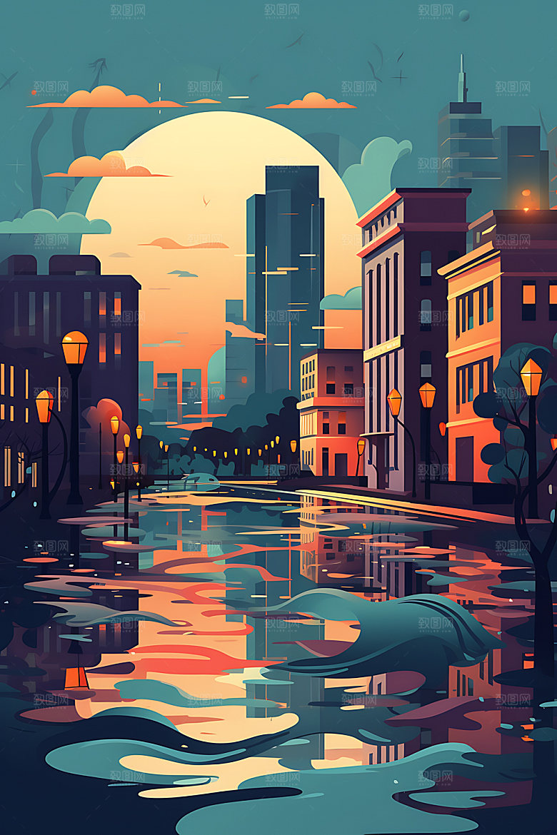洪水山洪灾难插画