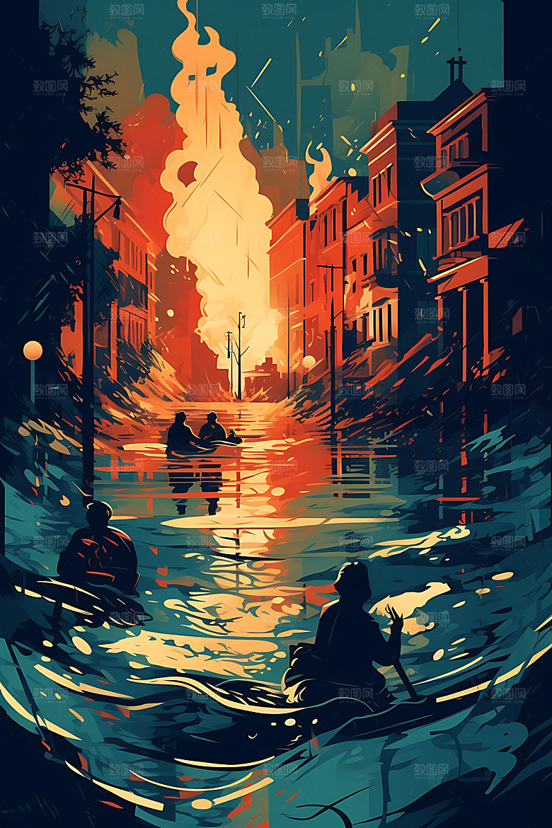 洪水山洪城市淹没插画