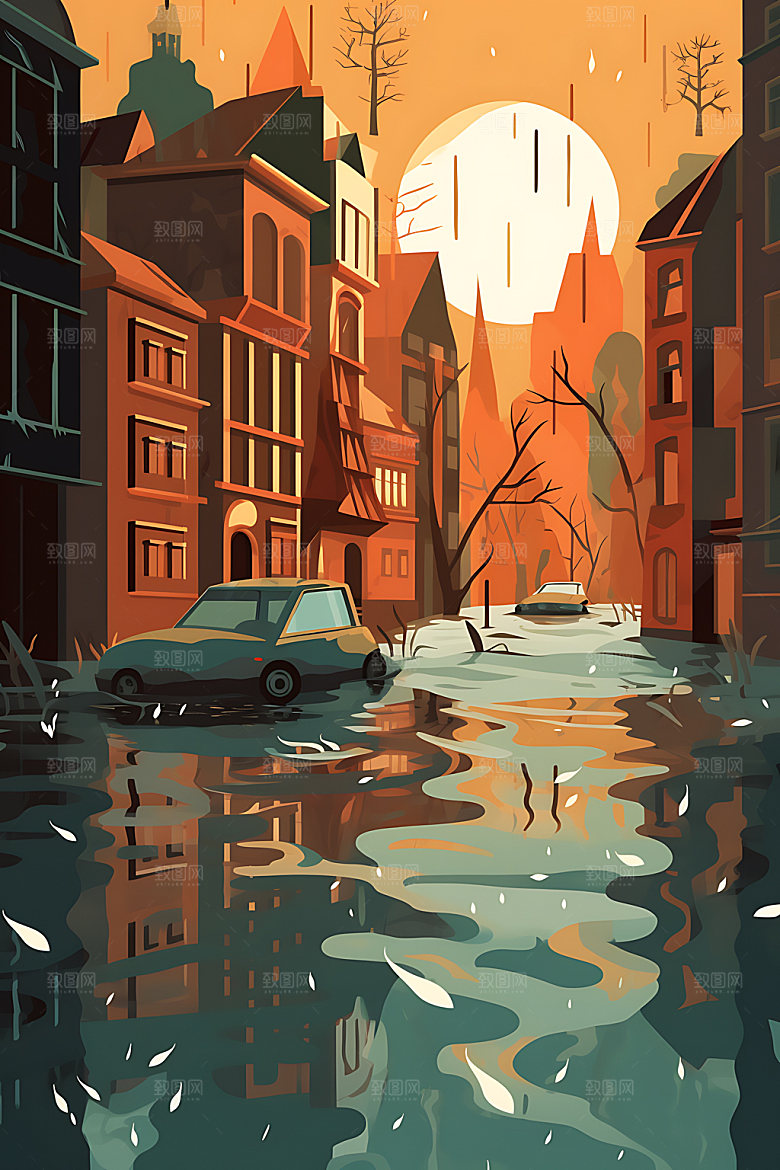洪水地质灾害城市淹没插画