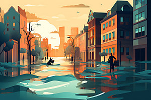 洪水城市淹没自然灾害插画