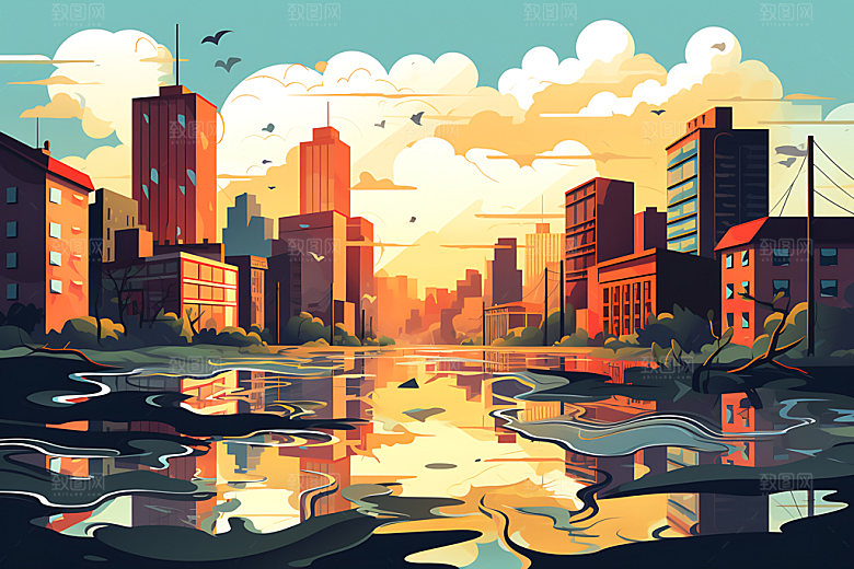 洪水手绘地质灾害插画
