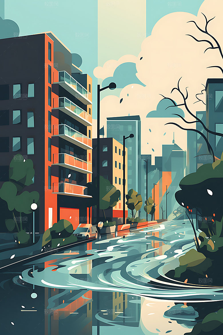 洪水手绘地质灾害插画