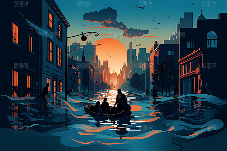 洪水灾难地质灾害插画