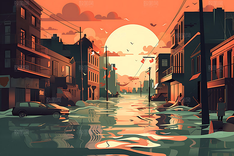 洪水地质灾害洪涝灾害插画
