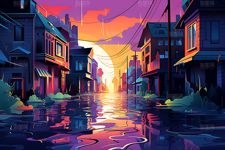 洪水灾难自然灾害插画