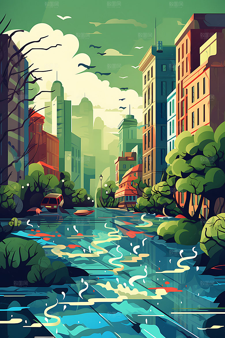 洪水山洪自然灾害插画