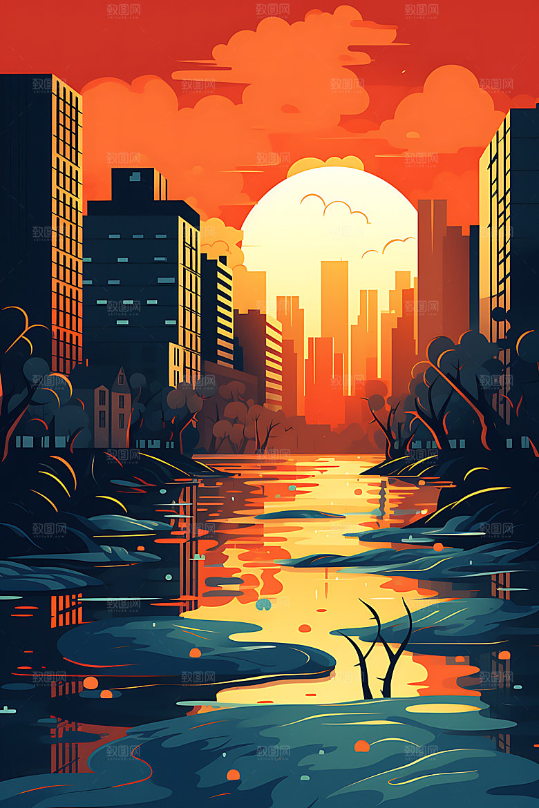 洪水灾难自然灾害插画