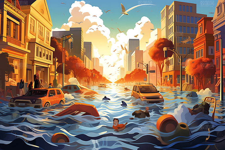 洪水地质灾害灾难插画