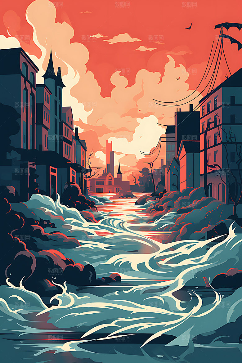 洪水地质灾害城市淹没插画