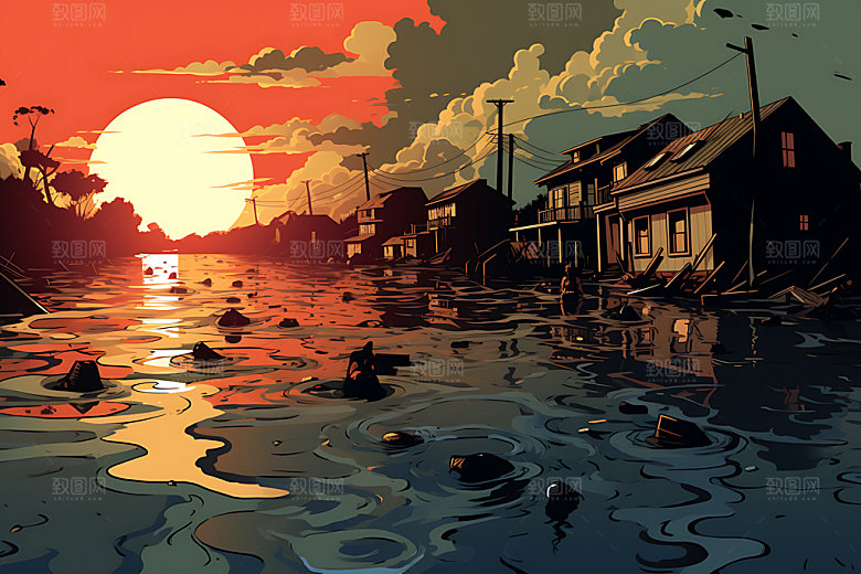 洪水手绘山洪插画