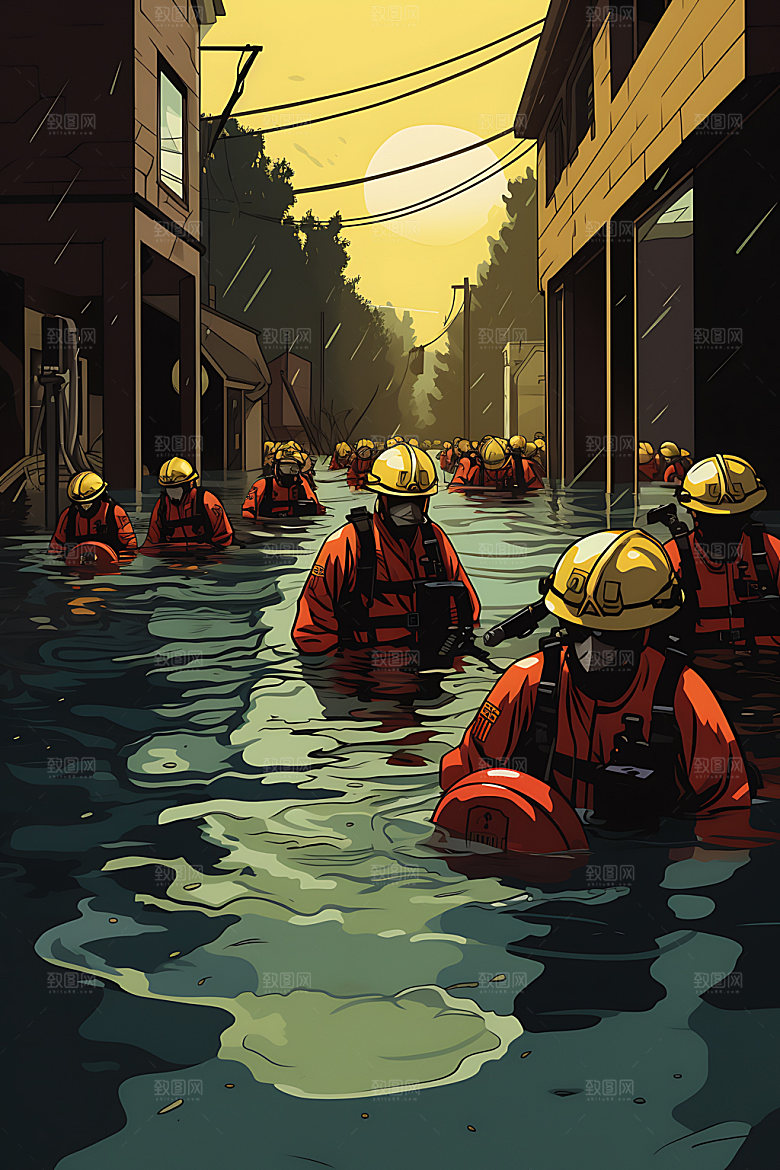洪水城市淹没灾难插画