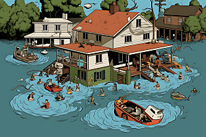 洪水地质灾害城市淹没插画
