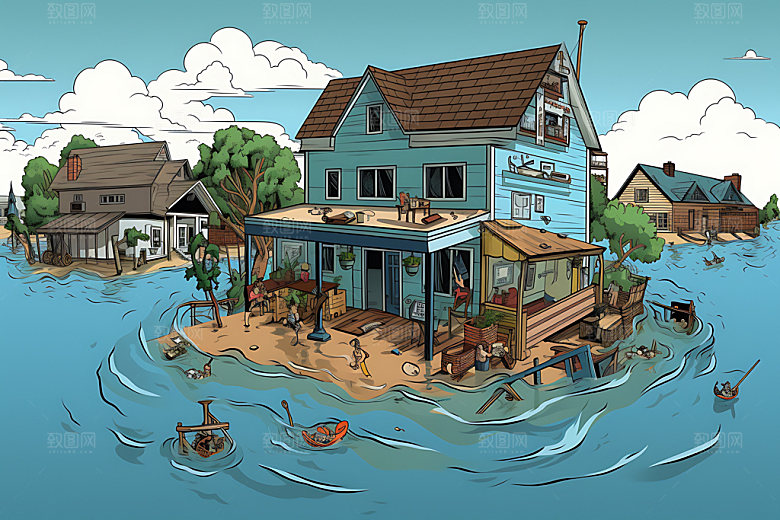 洪水城市淹没地质灾害插画