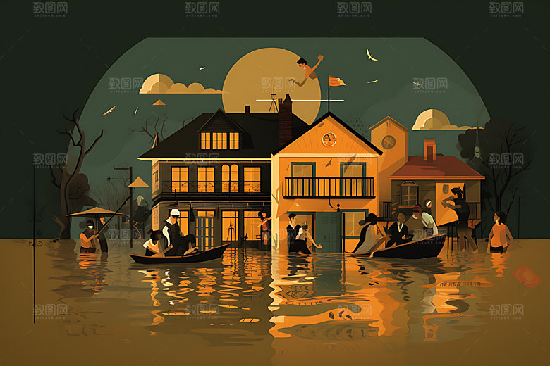 洪水灾难山洪插画