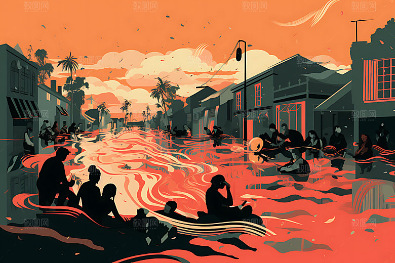 洪水城市淹没洪涝灾害插画