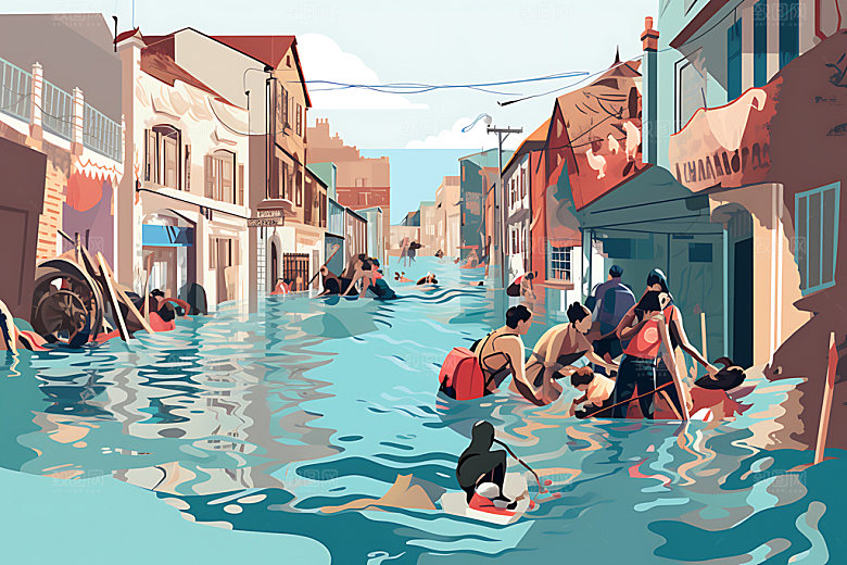 洪水地质灾害洪涝灾害插画