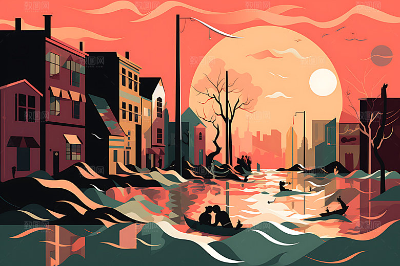 洪水手绘地质灾害插画