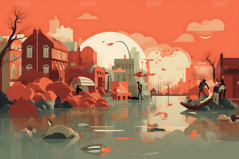 洪水地质灾害灾难插画