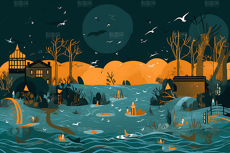 洪水手绘地质灾害插画
