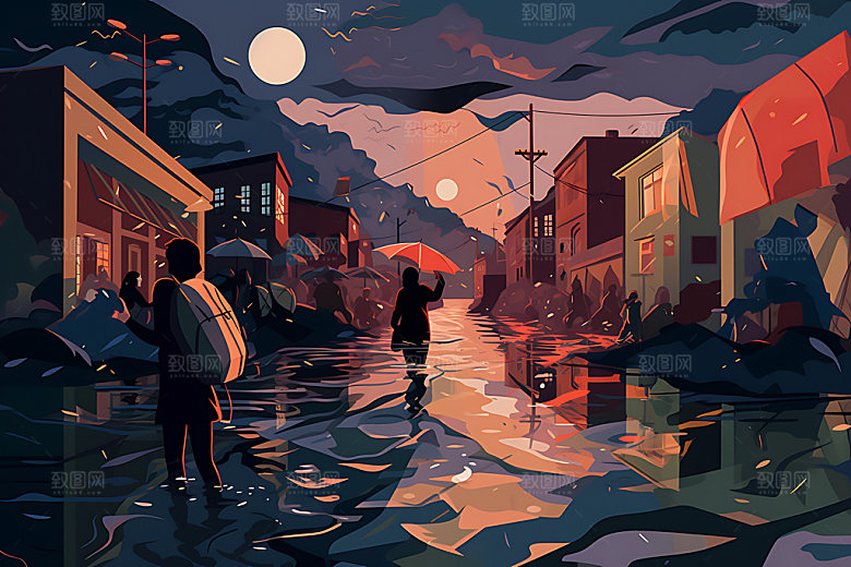 洪水城市淹没地质灾害插画
