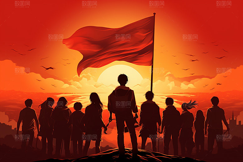 红旗红色插画元素