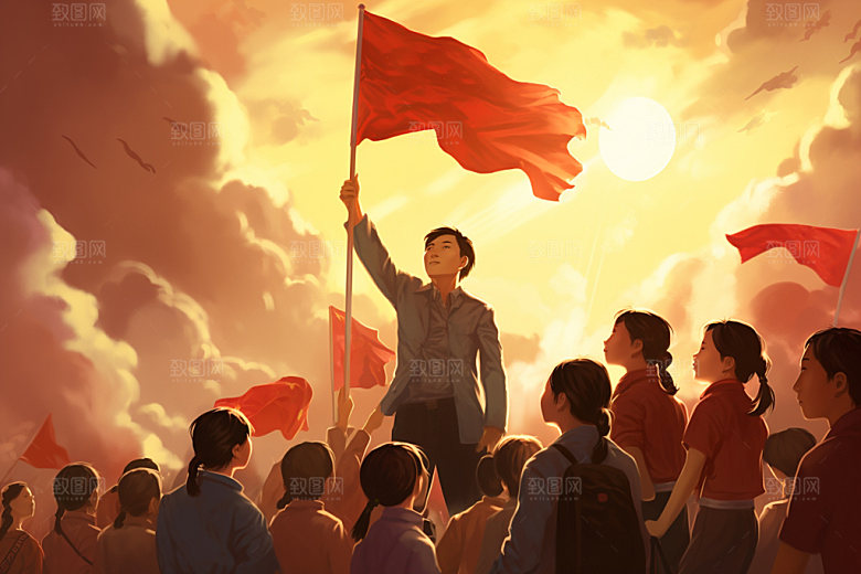 红旗插画活动元素