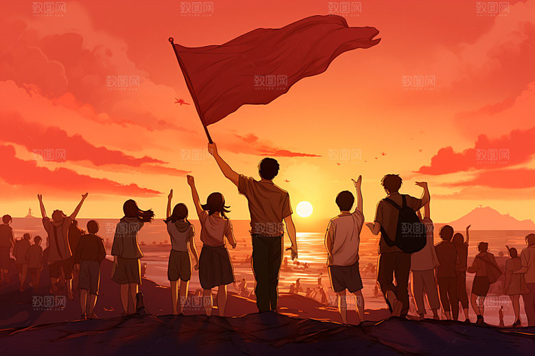 红旗插画团建元素