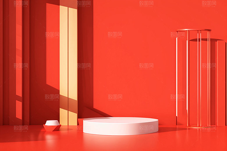 红色展台喜庆C4D电商背景