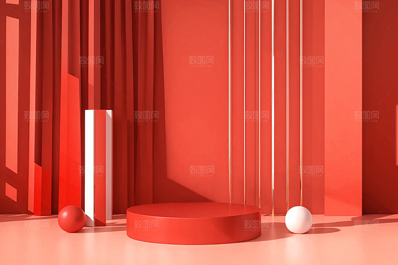 红色展台新年3D电商背景