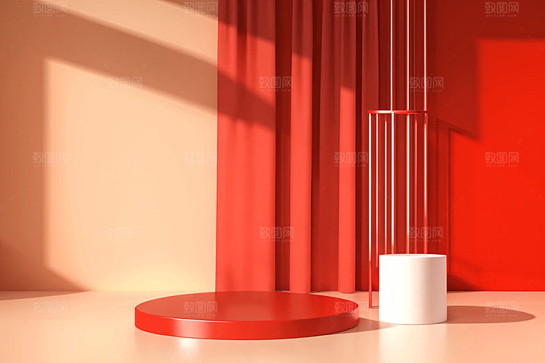 红色展台立体C4D电商背景