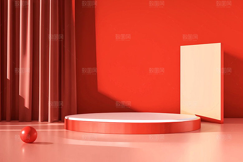 红色展台节日C4D电商背景