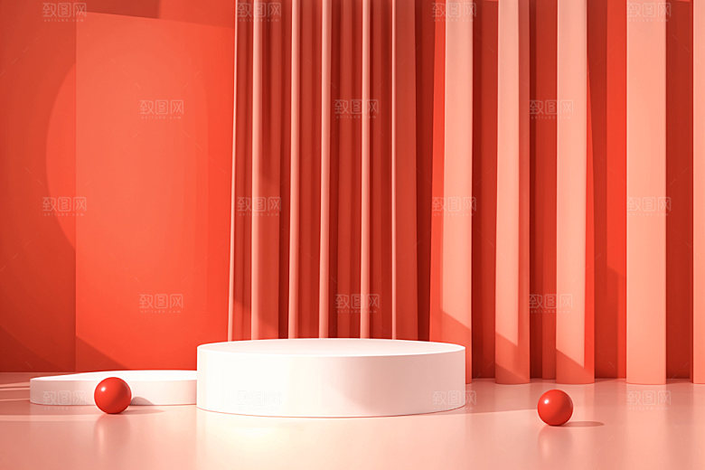 红色展台喜庆C4D电商背景