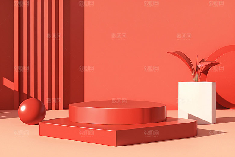 红色展台C4D促销电商背景