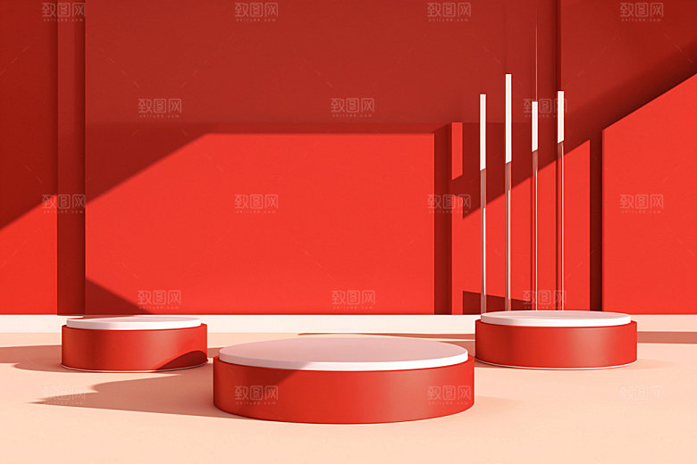 红色展台立体C4D电商背景