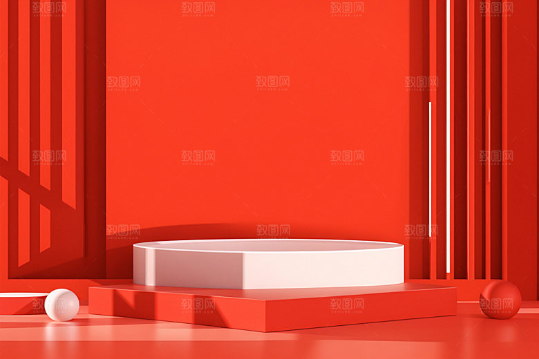 红色展台元旦C4D电商背景