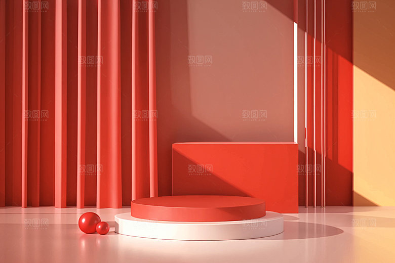 红色展台立体新年电商背景