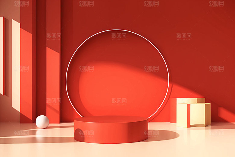 红色展台圣诞C4D电商背景