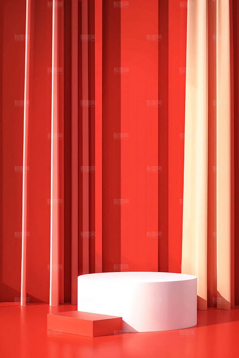 红色展台元旦C4D电商背景