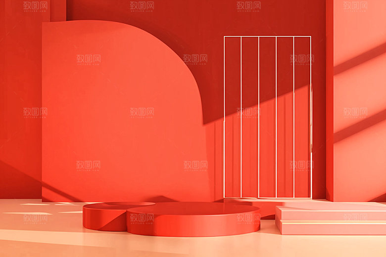 红色展台元旦3D电商背景