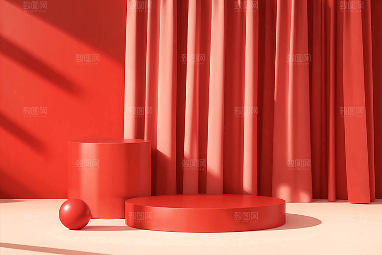 红色展台3D立体电商背景