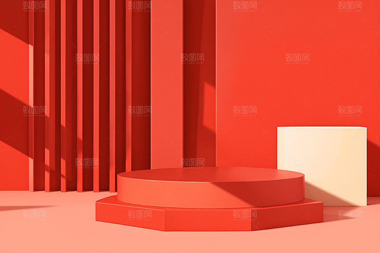 红色展台C4D节庆电商背景