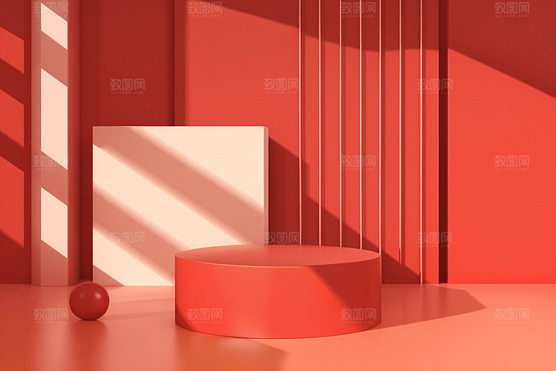 红色展台促销C4D电商背景