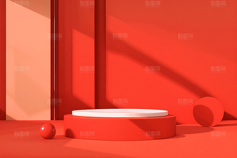红色展台C4D新年电商背景