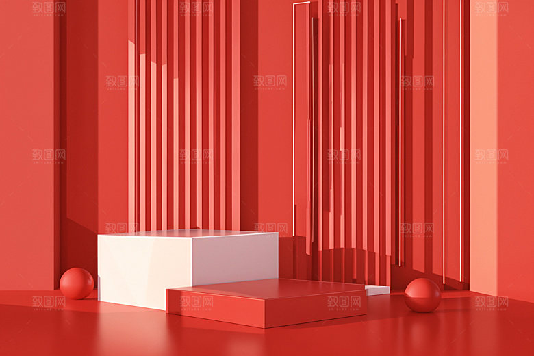红色展台元旦C4D电商背景