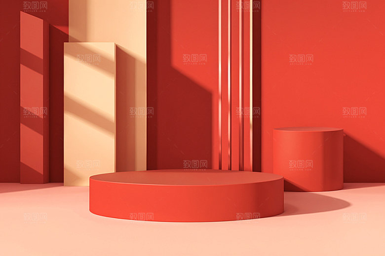红色展台新年C4D电商背景