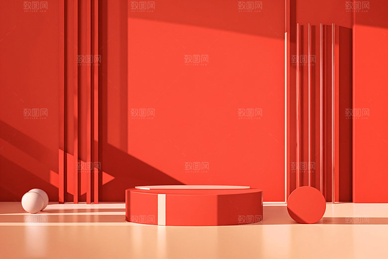 红色展台3D新年电商背景