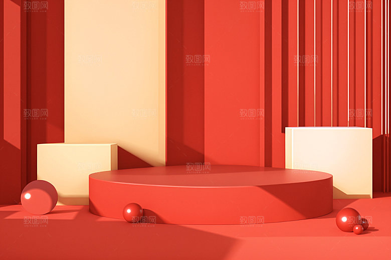 红色展台元旦3D电商背景